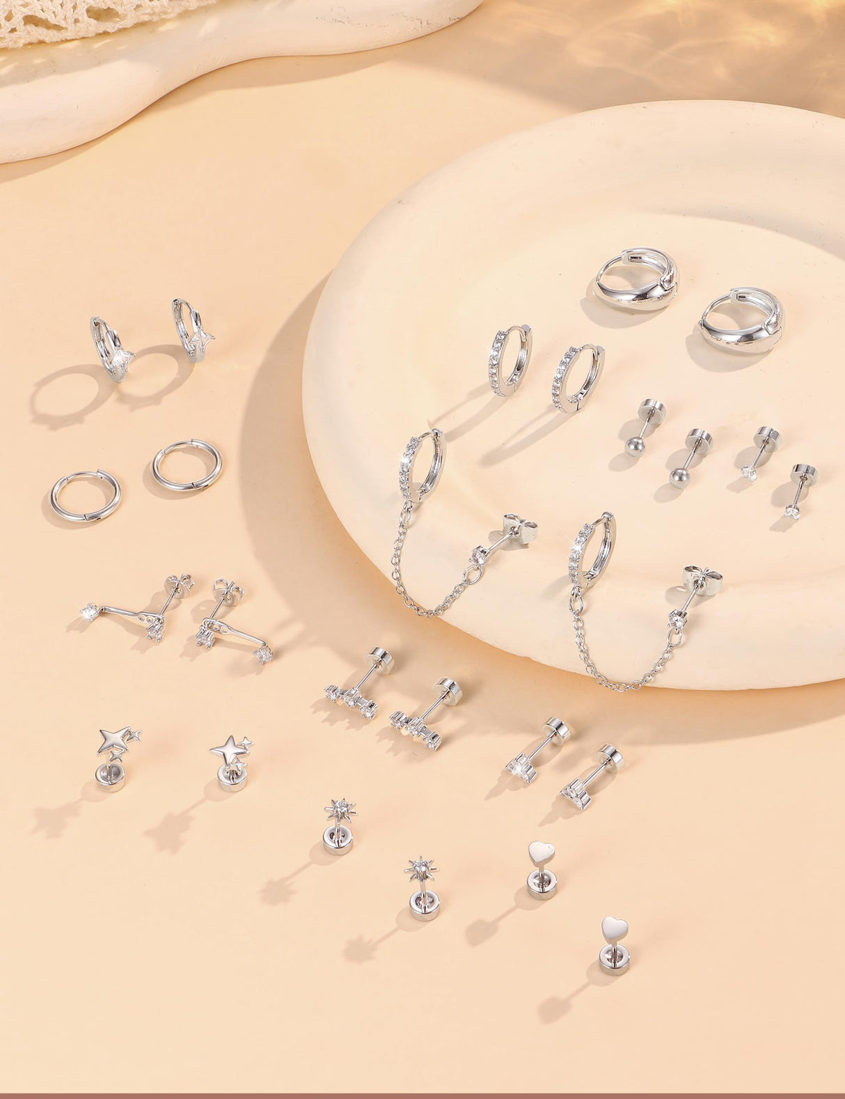 Florideco Silver Plated Flat Back Earrings Hypoallergenic Surgical Steel Earrings for Women Trendy Cartilage Chain Hoop Earring Studs Star Heart CZ Flatback Stud Earring Pack