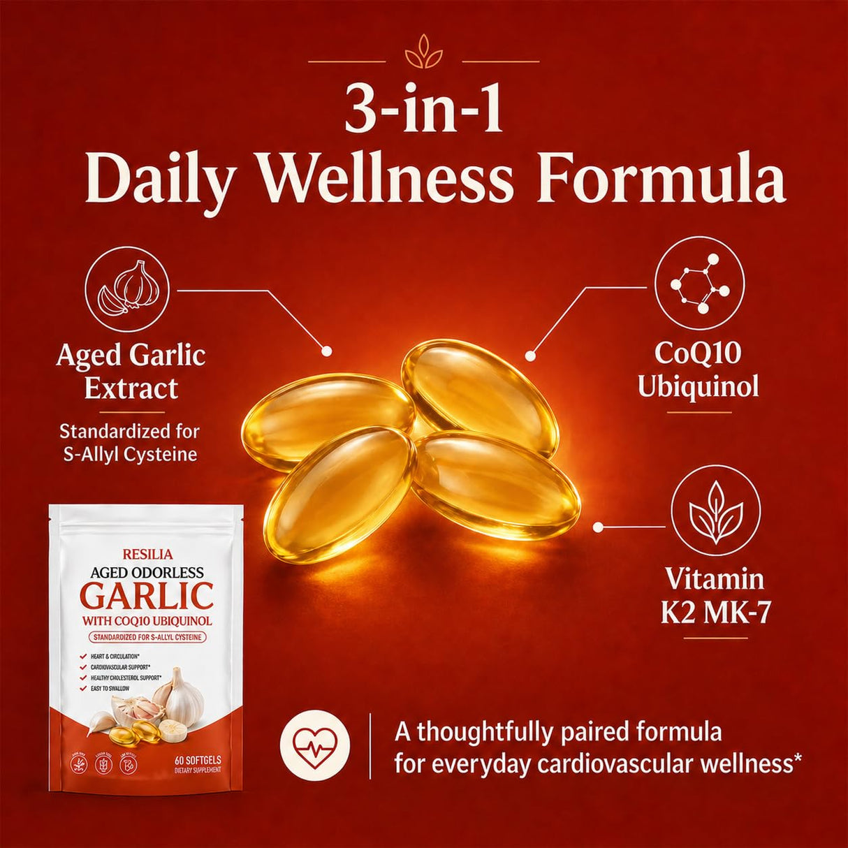 MiloLabCo Resilia Aged Garlic Extract Softgels with CoQ10 Ubiquinol, Odorless 2-Year Matured Garlic Supplement, Non-GMO, 60 Softgels