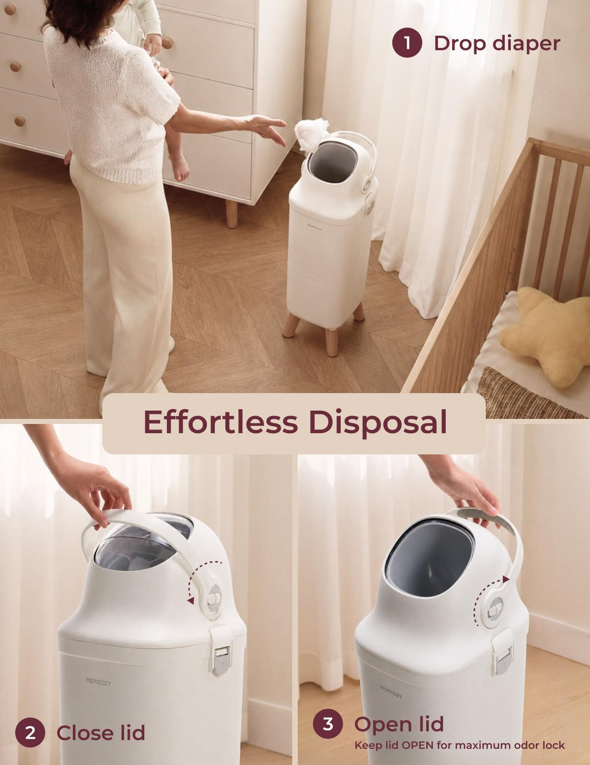 Momcozy Triple-Seal Diaper Pail with Odor Locking, Ergonomic Height Design