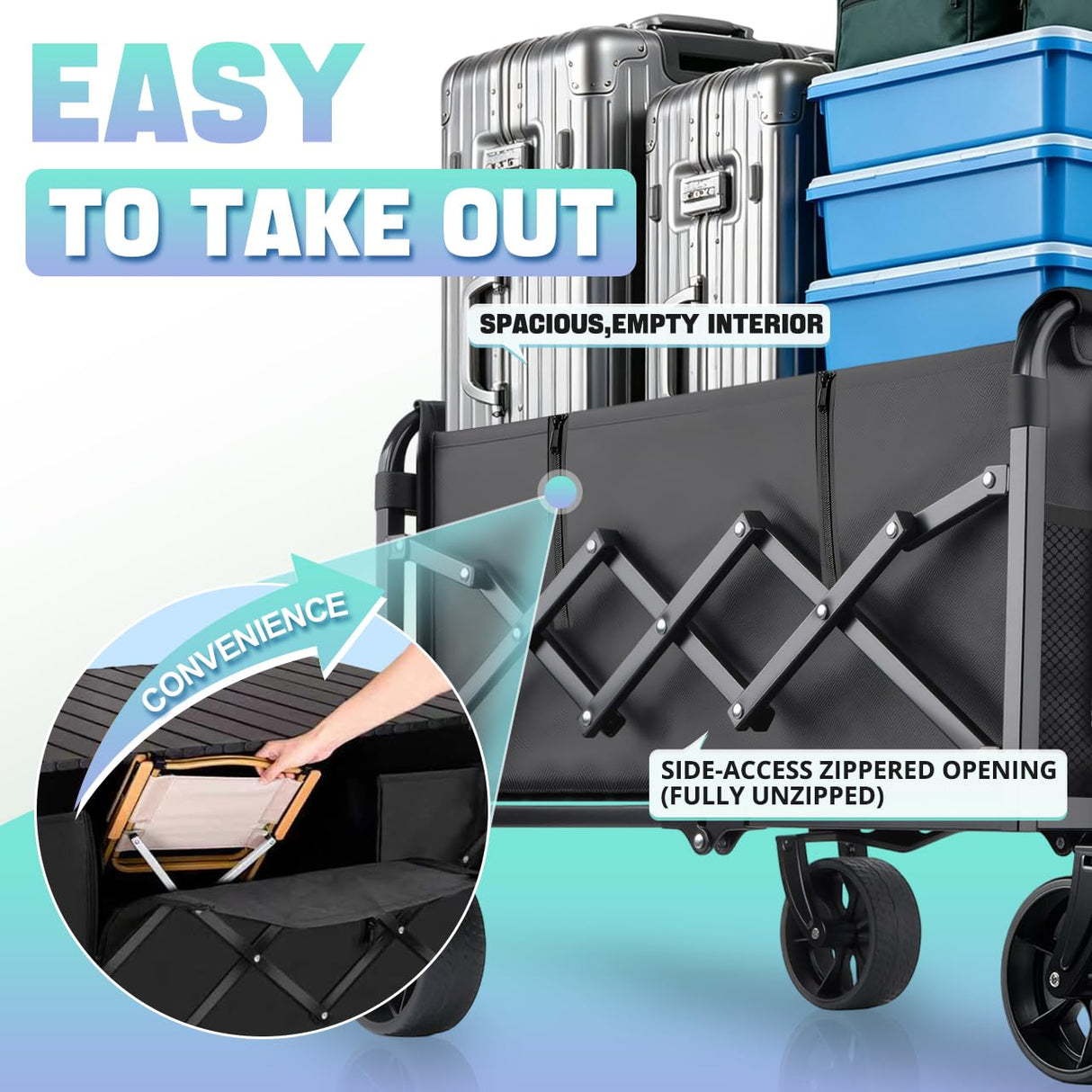500LBS Heavy Duty Collapsible Wagon Cart with 360°Swivel Break for Beach