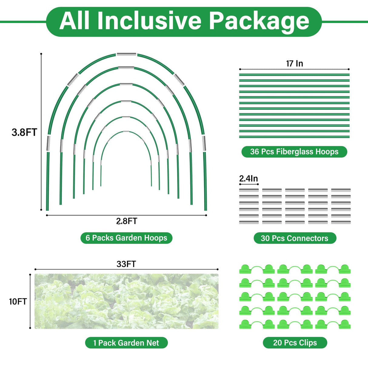 Sunwinx Garden Mesh Netting Kit for Raised Beds, 10x33FT Ultra Fine Mesh Netting&6 Sets 8FT Fiberglass Garden Hoops, Insect Netting Row Cover, Pest Barrier Protection for Vegetable Fruits Flowers