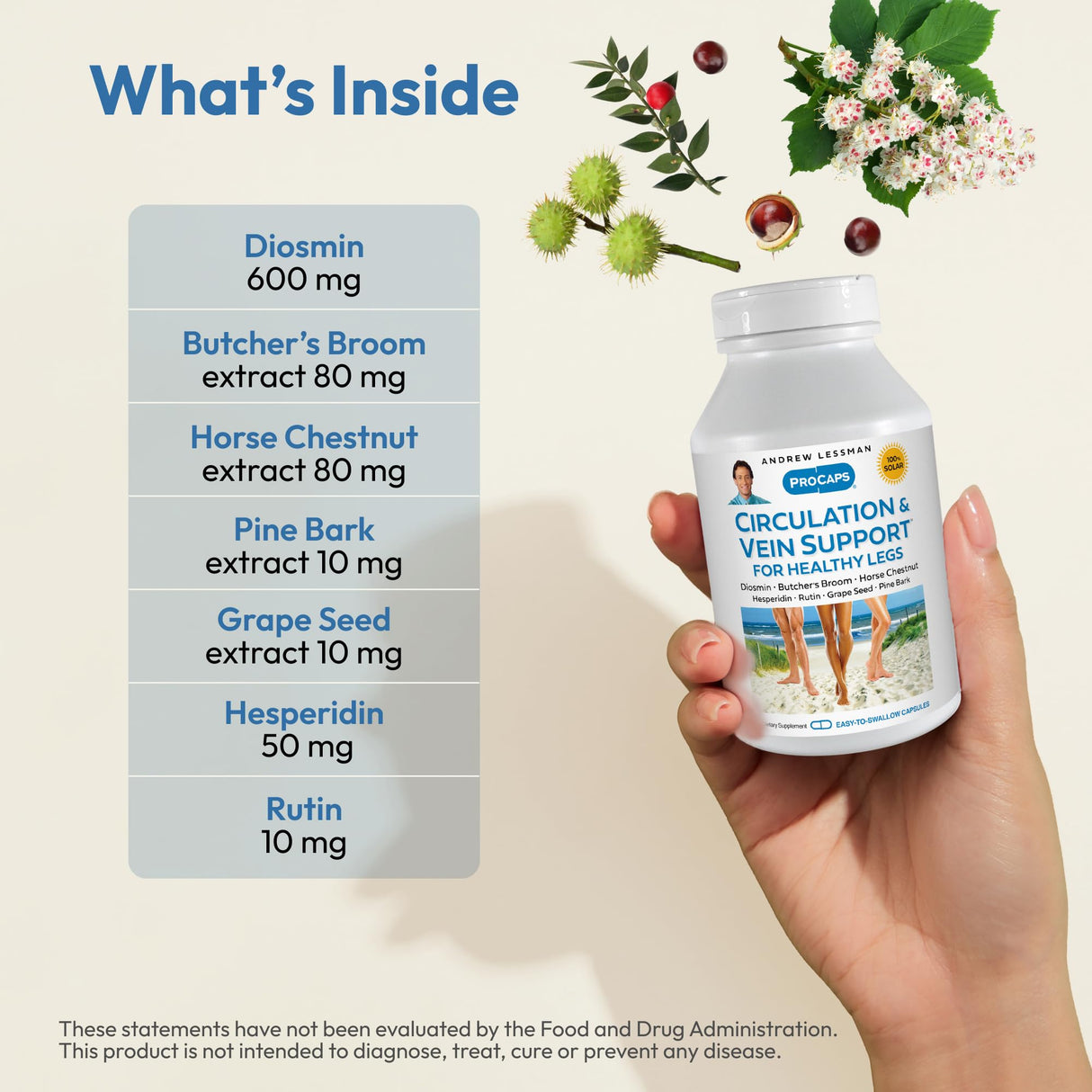 ANDREW LESSMAN Circulation, Vein Support for Healthy Legs 180 Capsules - High Bioactivity Diosmin, Butcher's Broom, Visibly Reduces Swelling and Discomfort in Feet, Ankles, Calves, Legs
