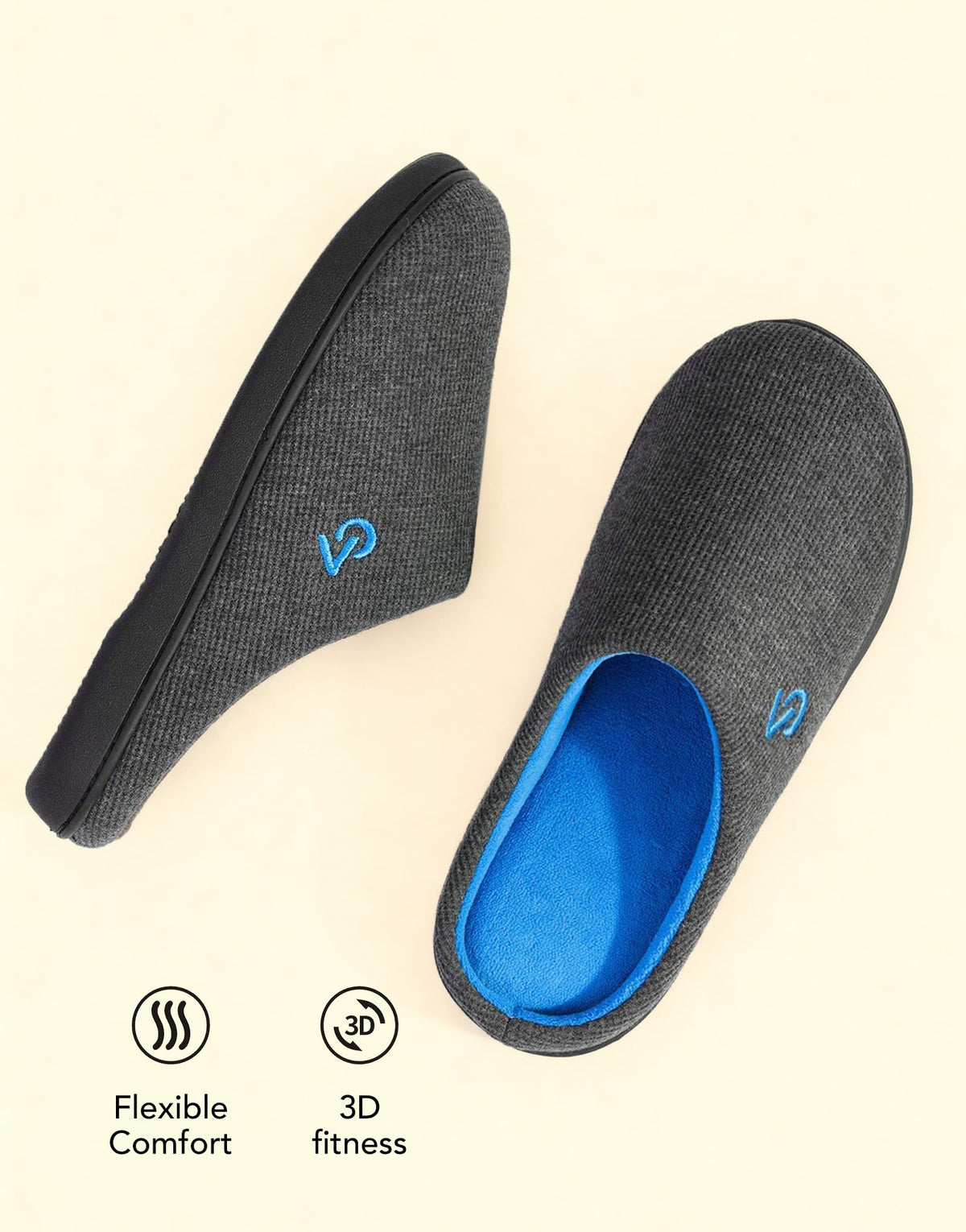 VeraCosy Men's Two-Tone Cozy House Slippers Dark Gray/Blue, 11-12 US