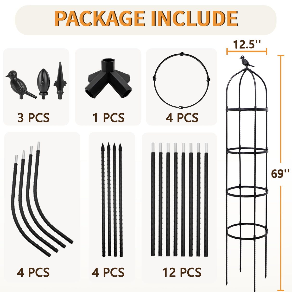SORANGEUN 1 Pack Garden Obelisk Trellis for Climbing Plants Outdoor, 6FT Adjustable Metal Plant Support with 3 Decorative Tops, Black Rustproof Trellis for Roses, Tomatoes, Clematis & Vines