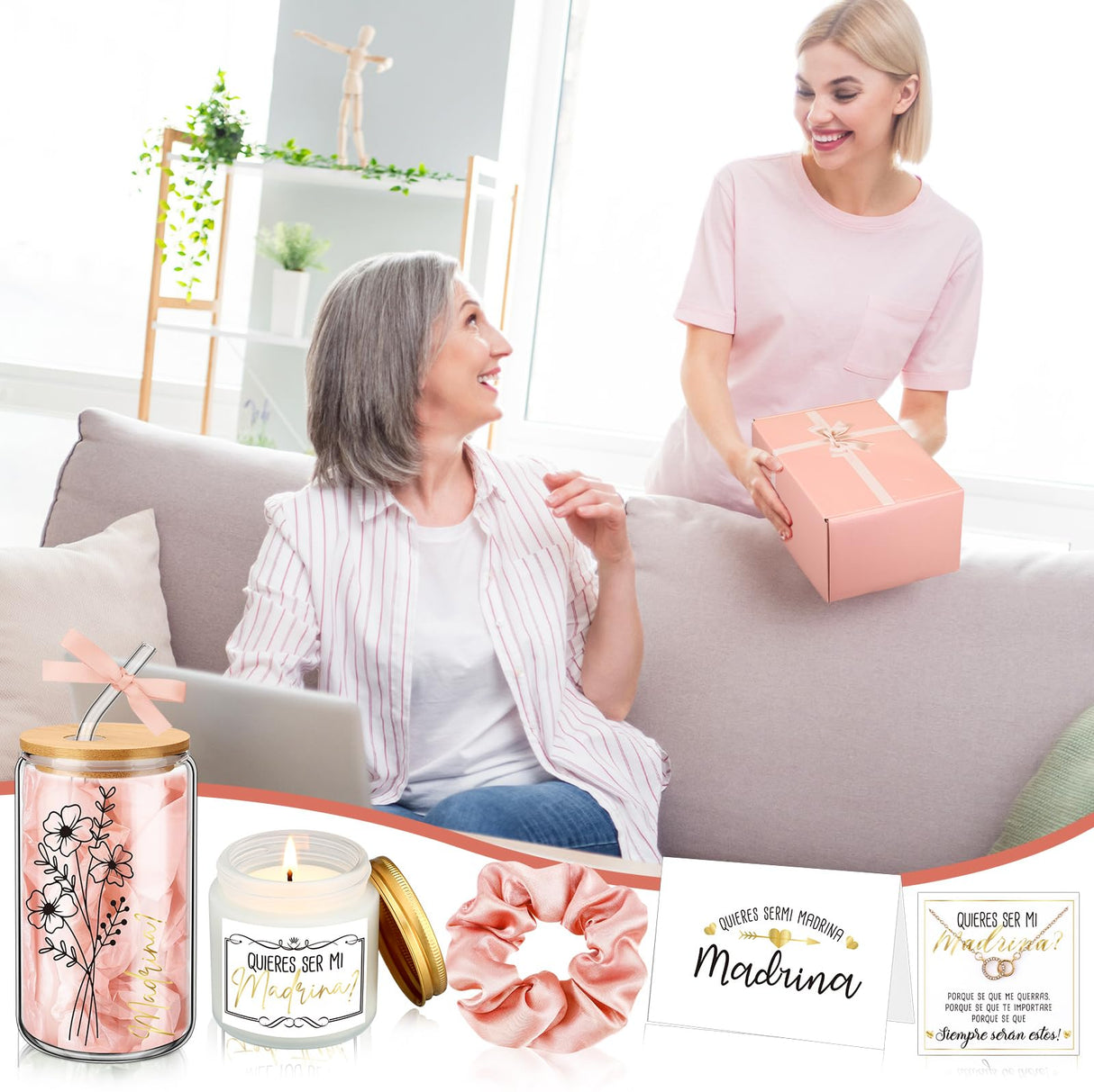 Singhoow 6 Pcs Godmother Proposal Gift Set, 16oz Cup,Spanish,Pink