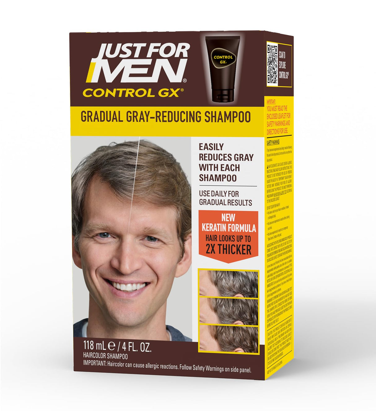 Just for Men Control GX Grey Reducing Shampoo for Lighter Shades of Hair, Blonde to Medium Brown, Gradual Hair Color with Keratin, 4 Fl Oz - Pack of 1 (Packaging May Vary)