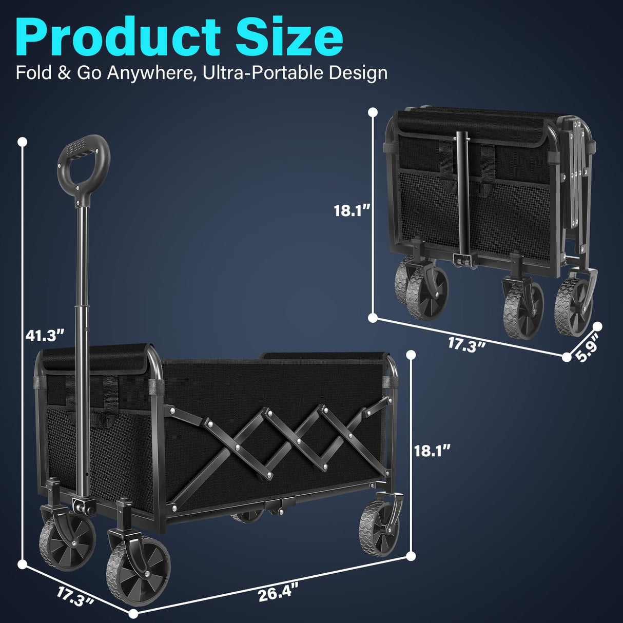 Collapsible Wagon Cart with Wheels, Compact 360 lb Folding Cart, Jet Black