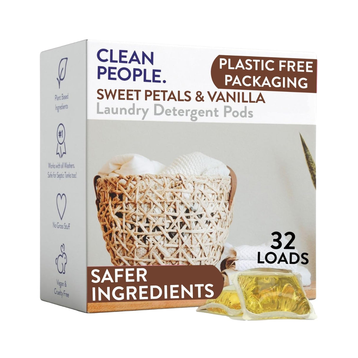The Clean People Laundry Detergent Pods - Hypoallergenic Laundry Pods - Ultra Concentrated, Recyclable Packaging, Stain Fighting - Sweet Petals, 32 Pack