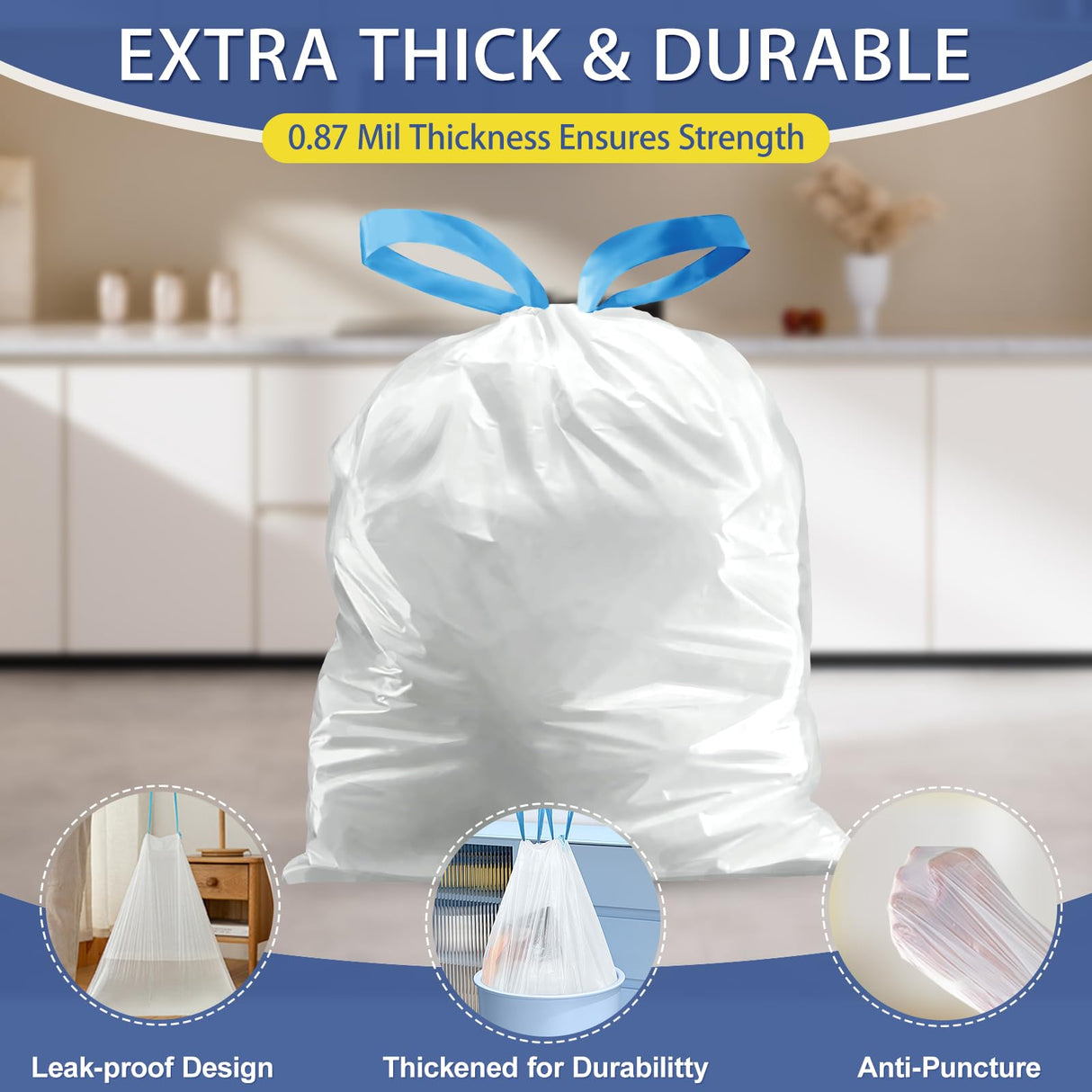 T.FORING 10 Gallon Trash Bags with Drawstring - 120 Count Heavy Duty 1.2 Mil Garbage Bags 38 Liter Unscented White Kitchen Bin Liners for Home & Office