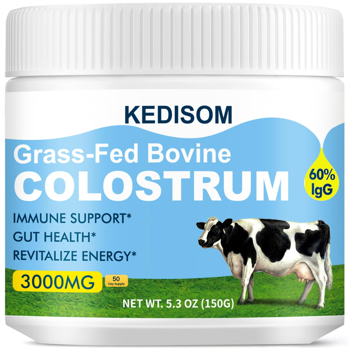 KEDISOM Grass-Fed Bovine Colostrum Supplement Powder - 60% High IgG 3000 mg for Gut Health, Immune Support - Easy to Mix Natural Liposomal Colostrum Superfood, Unflavored, 50 Servings