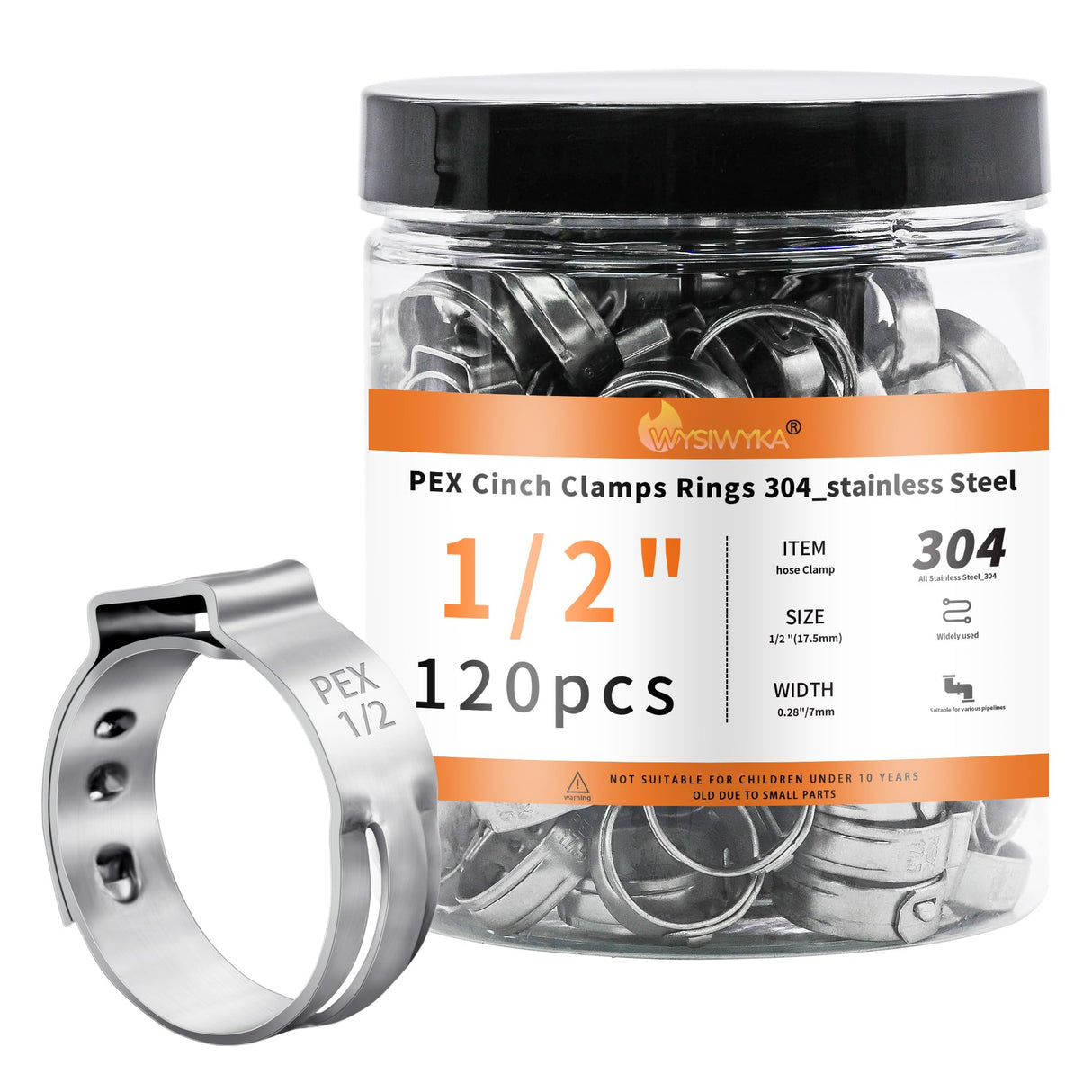 WYSIWYKA 120pcs 1/2 inch PEX Cinch Clamps Rings, 304 Stainless Steel Pex Crimp Rings, Heavy Duty Thickened Single Ear Hose Clamps for PEX Tubing Pipe Fitting Connections