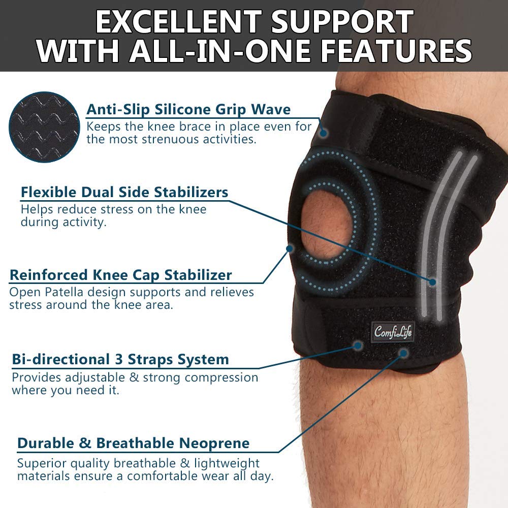 ComfiLife Knee Brace for Knee Pain Relief – Neoprene Knee Brace for Working Out, Running, Injury Recovery – Side Stabilizers – 3 Point Adjustable Compression – Open Patella Support, Non-Slip (Large)