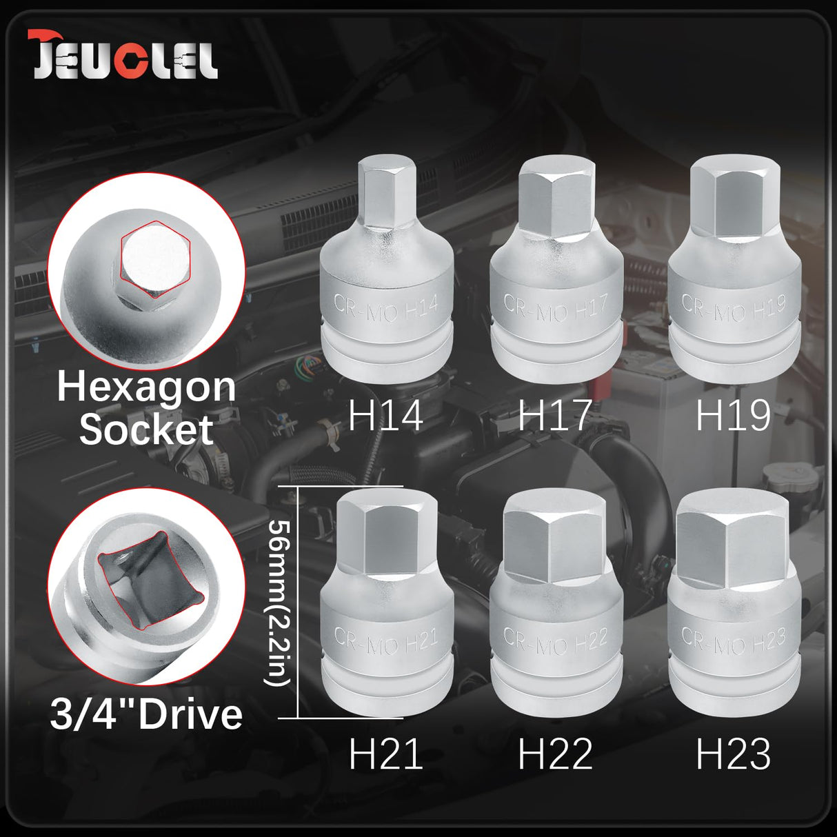 JEUCLEL 6PCS 3/4"Drive Hex Allen Bit Socket set, Cr-MO H14 H17 H19 H21 H22 H23 Drive Impact Hex Socket Kit, Hex Screwdriver Socket Adapter, Hand Repair Remover Tool
