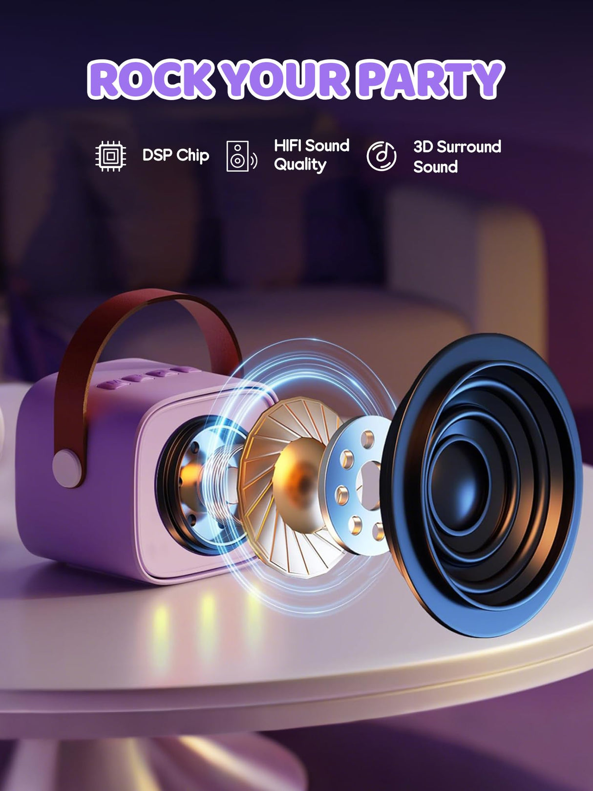 YLL Upgraded Mini Karaoke Machine with 4 Wireless Microphones Toy for Kids, Christmas Birthday Gifts for Girls Boys, Portable Party Bluetooth Speaker for 3, 4, 5, 6, 7, 8, 9, 10+ Year Old (Purple)