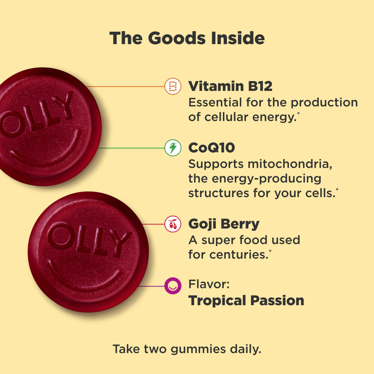OLLY Daily Energy Gummy,Caffeine Free,Vitamin B12,CoQ10,Goji Berry,Adult Chewable Supplement,Tropical Flavor -,60 Count (Pack of 2)