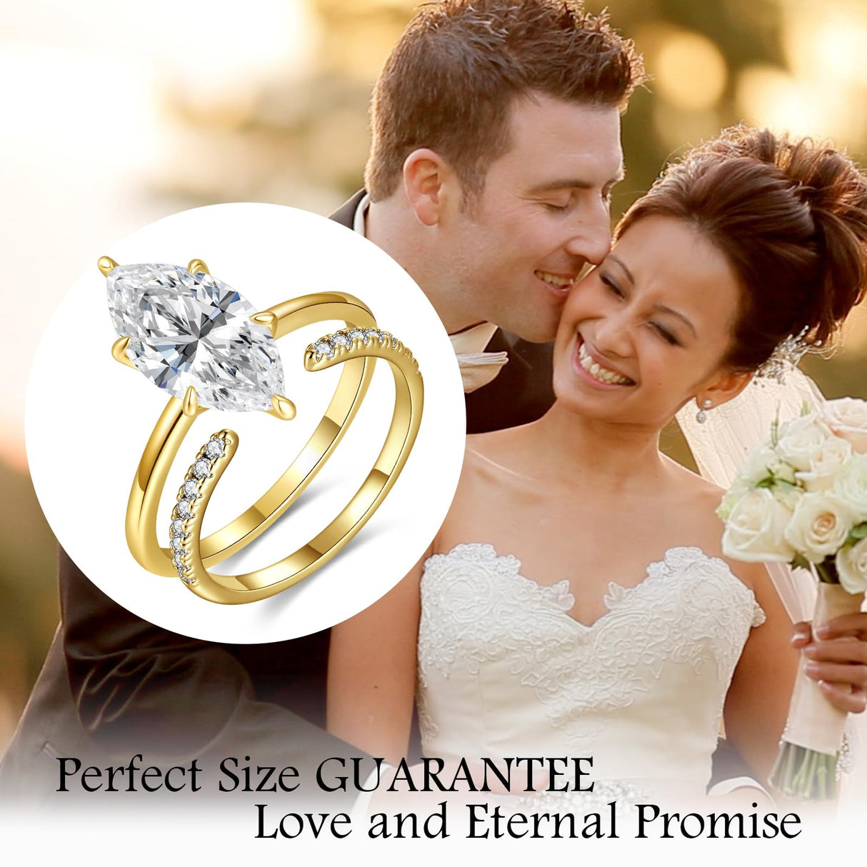 AVECON 3.5CT Marquise Cut Engagement Ring Set for Women, Wedding Promise Cubic Zirconia Band, 14K Gold Plated Stackable Adjustable Bridal Half Eternity Open Rings, Size 6