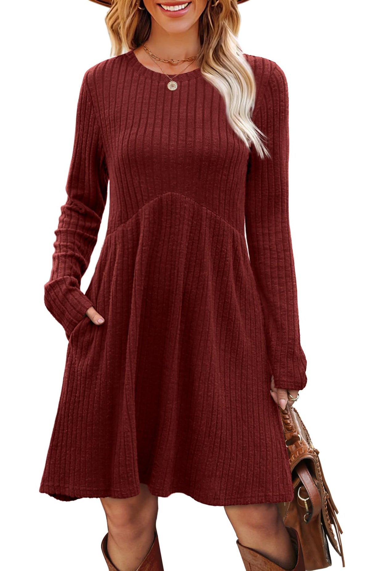 OFEEFAN Long Sleeve Dress for Women Sweater Dress Fall Dresses Fall Sweaters Casual Tunic Winter Christmas Dresses Wine L