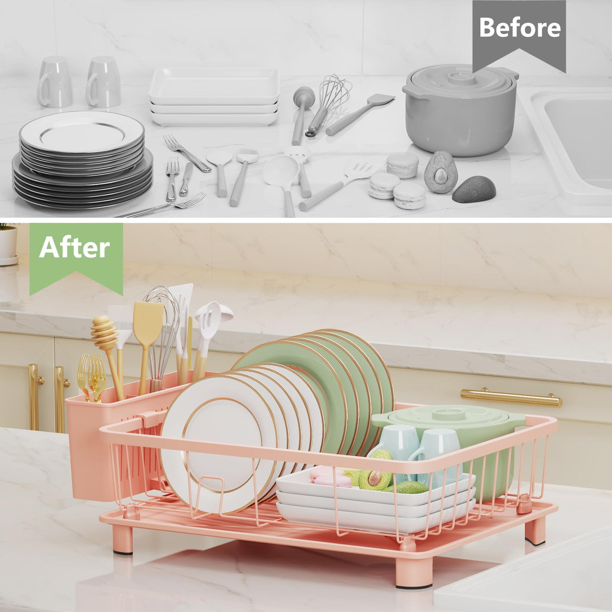 Hiviweer Pink Dish Drying Rack - Space-Saving Dish Rack,Dish Racks for Kitchen Counter with Drainboard, Birthday Christmas Day Mothers Day Thanksgiving Gifts for Mom Grandma Wife Kitchen Enthusiasts