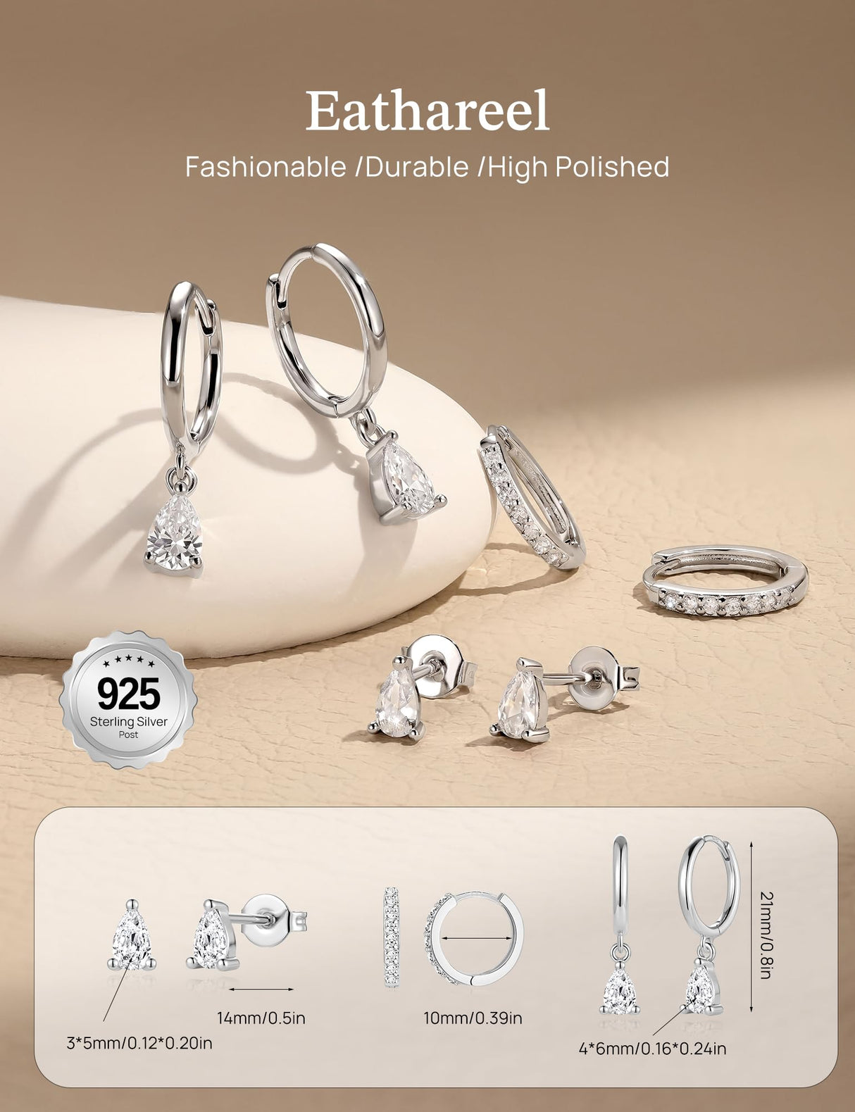 3 Pairs 925 Sterling Silver Hoop Earrings, White CZ