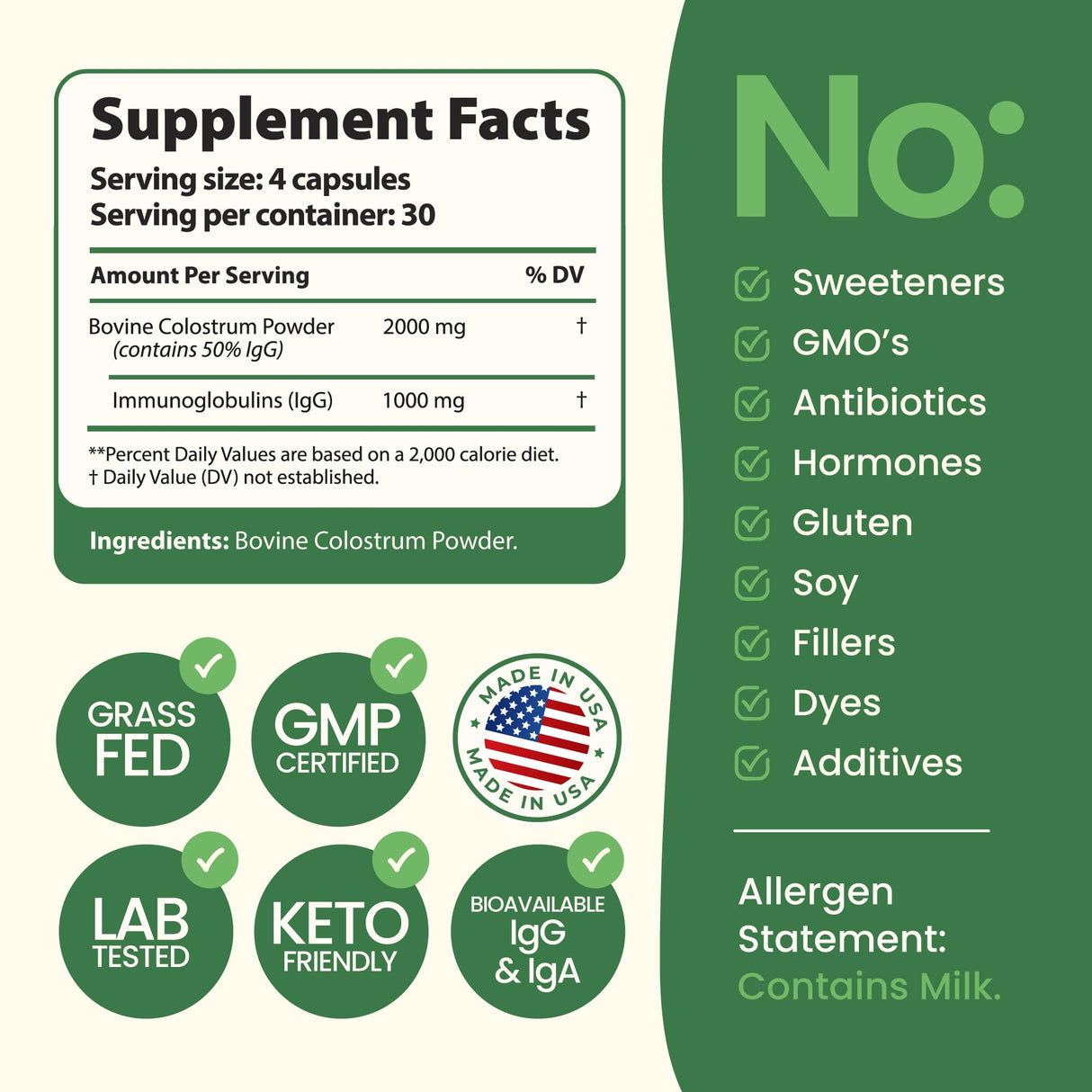 Super Colostrum Grass Fed Bovine Colostrum - 120 Capsules - Gut Health, Muscle Recovery, Energy, Hair, Skin & Immune Supplement | 50% IgG Cow Colostrum for Humans | Superfood, Gluten Free, Unflavored