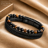 LIVLOKO LONDON Mens Bracelet Leather Black Multi-Layer Tiger Eye Stone Beads Magnetic Adjutable Steel Clasp Viking Rope Bands Surfer Man Wristband Male UK Jewellery Gift box Husband Boyfriend Dad Son