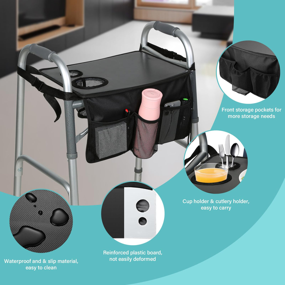 HOOMTREE Walker Tray for Folding Walker, Trays for Walkers for Seniors Detachable with Cup Holder,Walker Trays for Rolling Folding Walker,Walker Accessories for Elderly