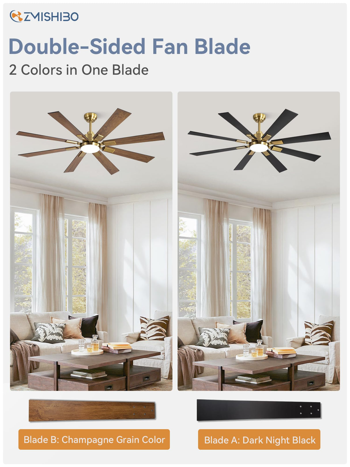 ZMISHIBO 80 Inch Black and Gold Ceiling Fans with Lights and Remote, Indoor/Outdoor Ceiling Fan for Patio Living Room, 6 Speed Reversible Quiet DC Motor, 3 CCT, Dual Finish Blades
