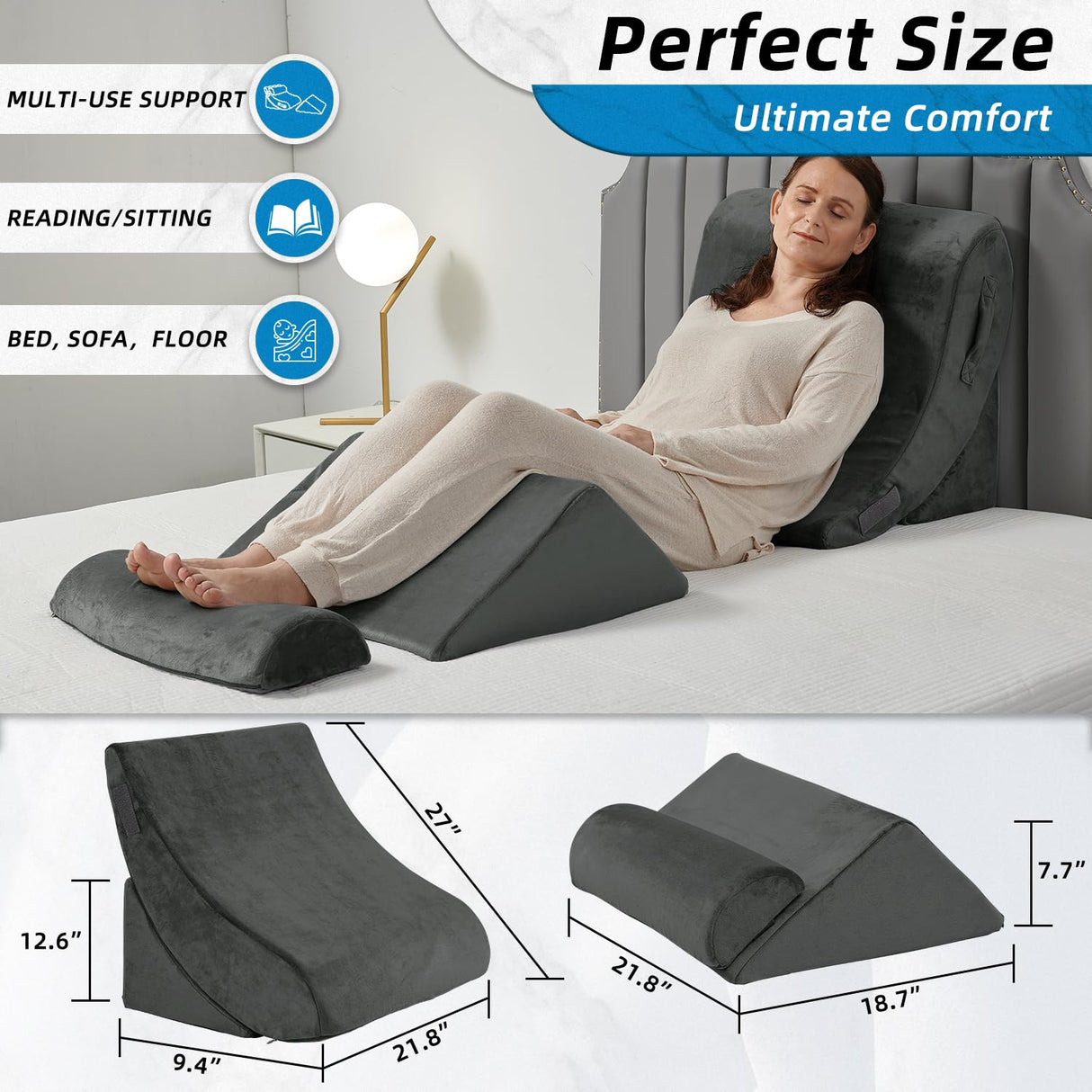 Axelrod Orthopedic Bed Wedge Pillow Set, Post Surgery Foam for Back, Neck and Leg Pain Relief Comfortable & Adjustable Ortho Pillows- Anti Snoring, Heartburn, Acid Reflux & GERD Sleeping Dark Grey