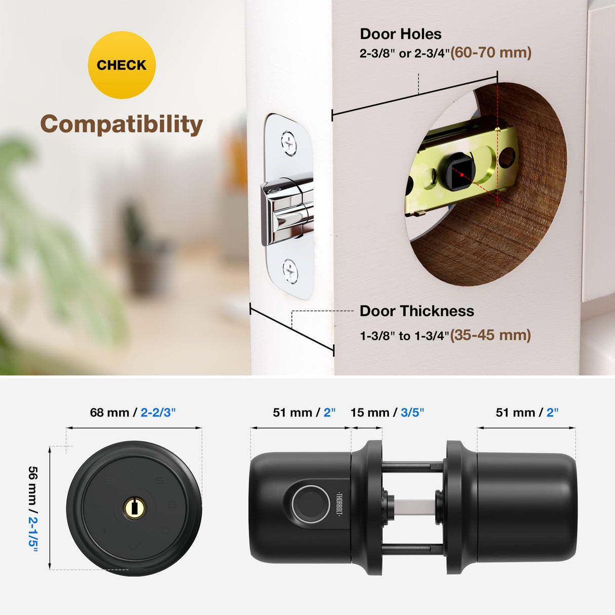 ThorBolt G1 Fingerprint Door Knob Lock with Keypad Biometric Door Knob Auto-Lock 4* AAA Alkaline Batteries Interior Door Lock for Bedroom, Garage, Office, Pantry Door Black
