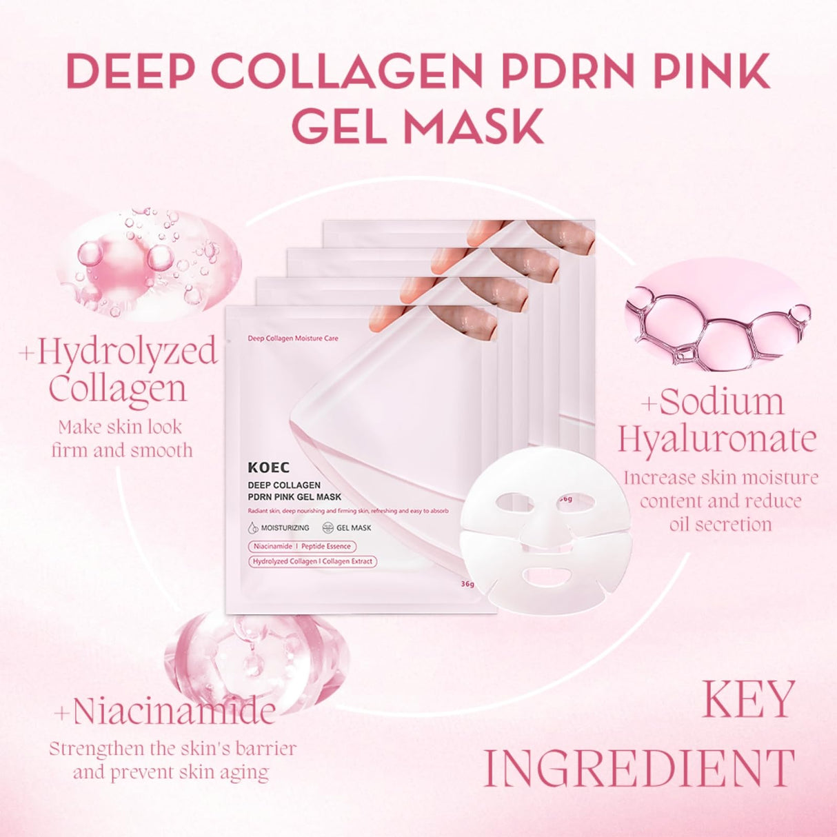 Deep Collagen PDRN Pink Gel Mask,Moisturizing Overnight Collagen Face Mask,Overnight Facial Sheet Mask For Glass Glow Skin - Deeply Nourishing,Lifting & Firming,Restoring Skin Elasticity-36gx4pcs