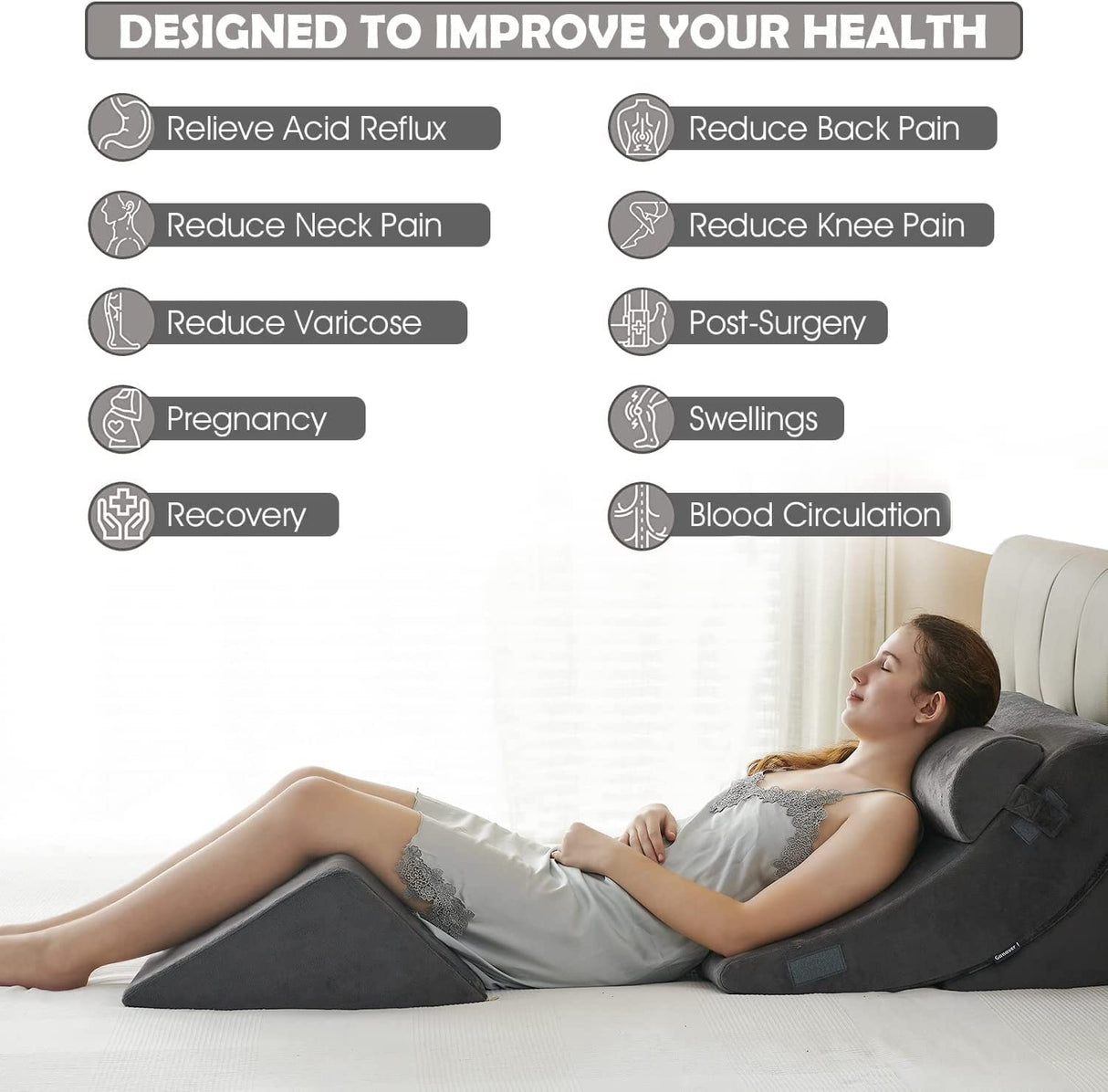 Ganaver 4pcs Orthopedic Bed Wedge Pillow Set Post Surgery Relaxing Back Adjustable Head Support Cushion Triangle Memory Foam Pillow for Acid Reflux Sleeping Reading Leg Elevation Snoring