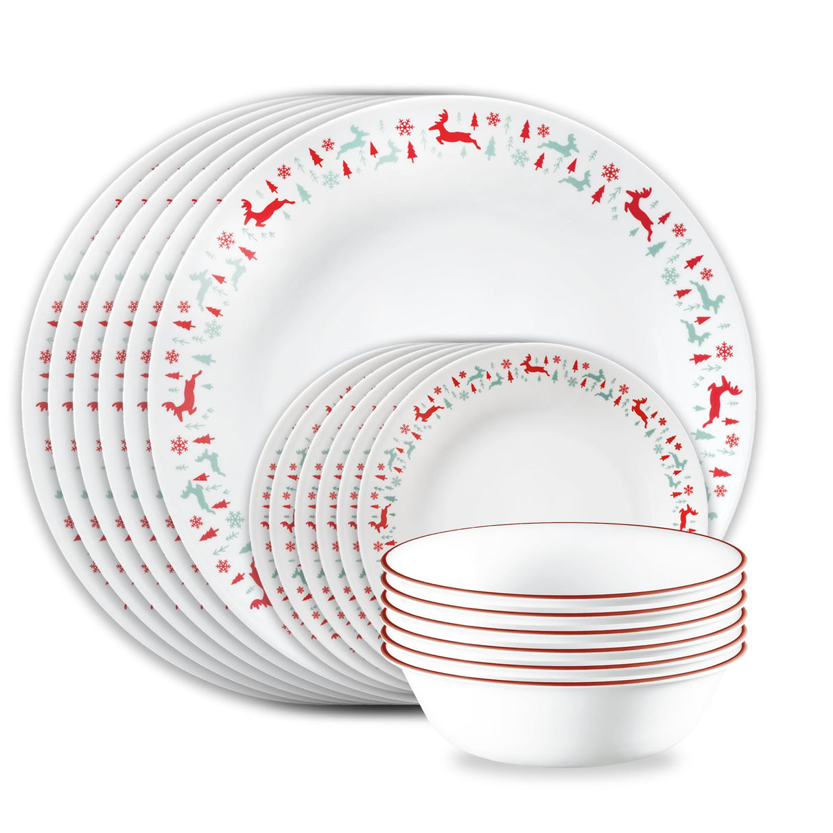 Corelle Vitrelle 18-Piece Christmas Service for 6 Dinnerware Set, Triple Layer Glass and Chip Resistant, Lightweight Round Holiday Plates and Bowls Set, Be Merry