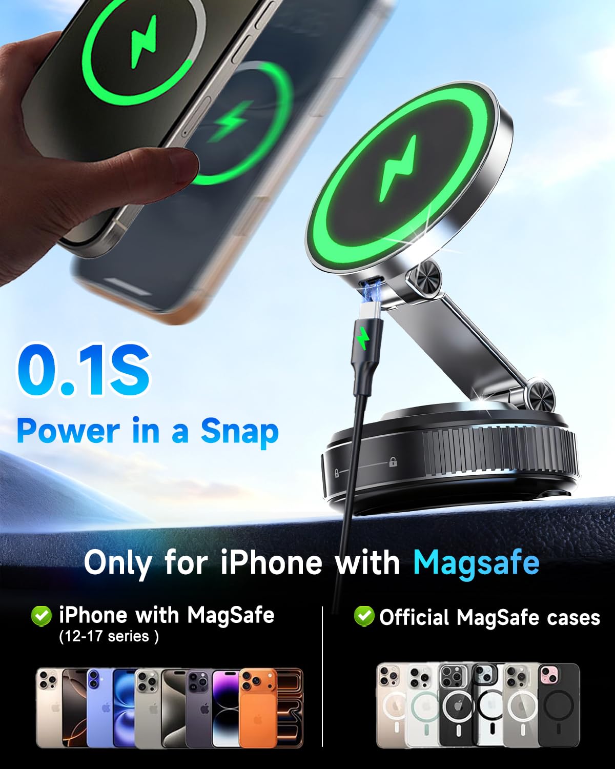 for MagSafe Car Mount Charger, 15W Fast Charging Magnetic Wireless Car Charger, Vacuum Magnetic Phone Holder [120LBS Ultra Suction Cup & 3000gf Magnet ] 780° Dashboard Car Bracket for iPhone & Android