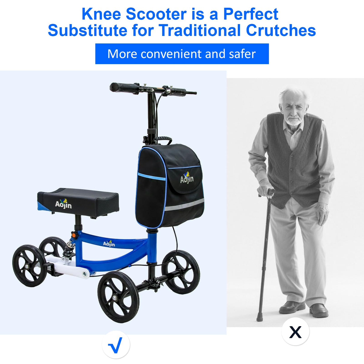 Aojin Knee Scooter, 300lbs Capacity, 13" Big PU Seat, All Terrain Foldable Knee Scooter Walker with Bag for Foot Injuries Compact Crutches Alternative (Blue)