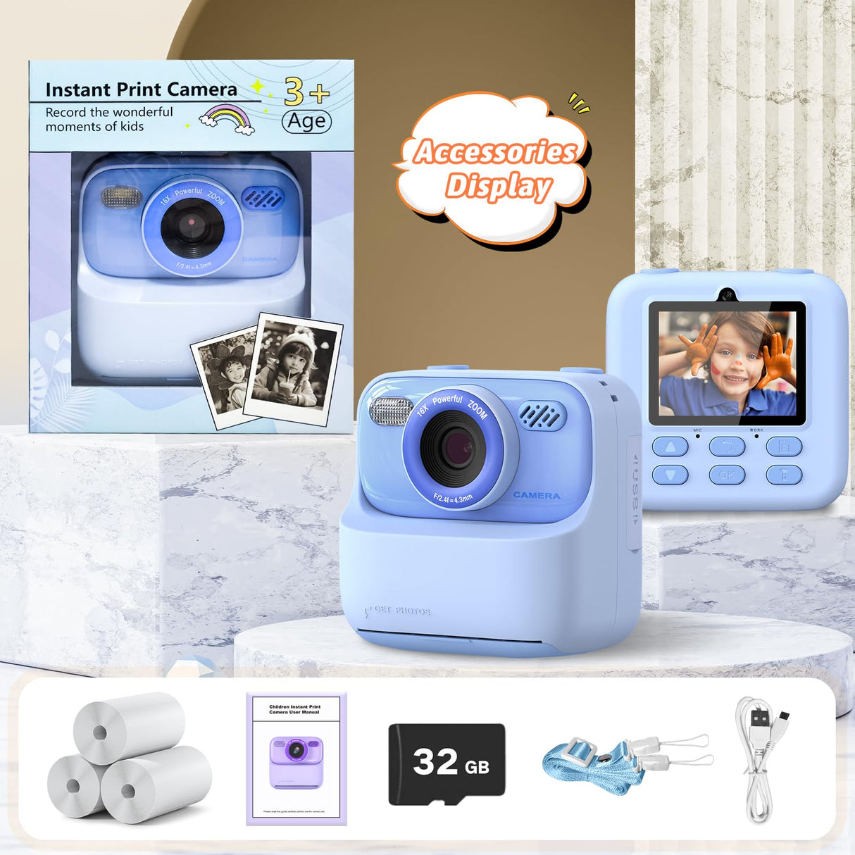 Kids Instant Digital Cameras for Boys and Girls, 1080P HD Dual-Lens Selfie Digital Camera with Print Paper & 32G Card, Christmas Birthday Gifts Toys for Toddler and Teenagers Age 3-16 Years Old