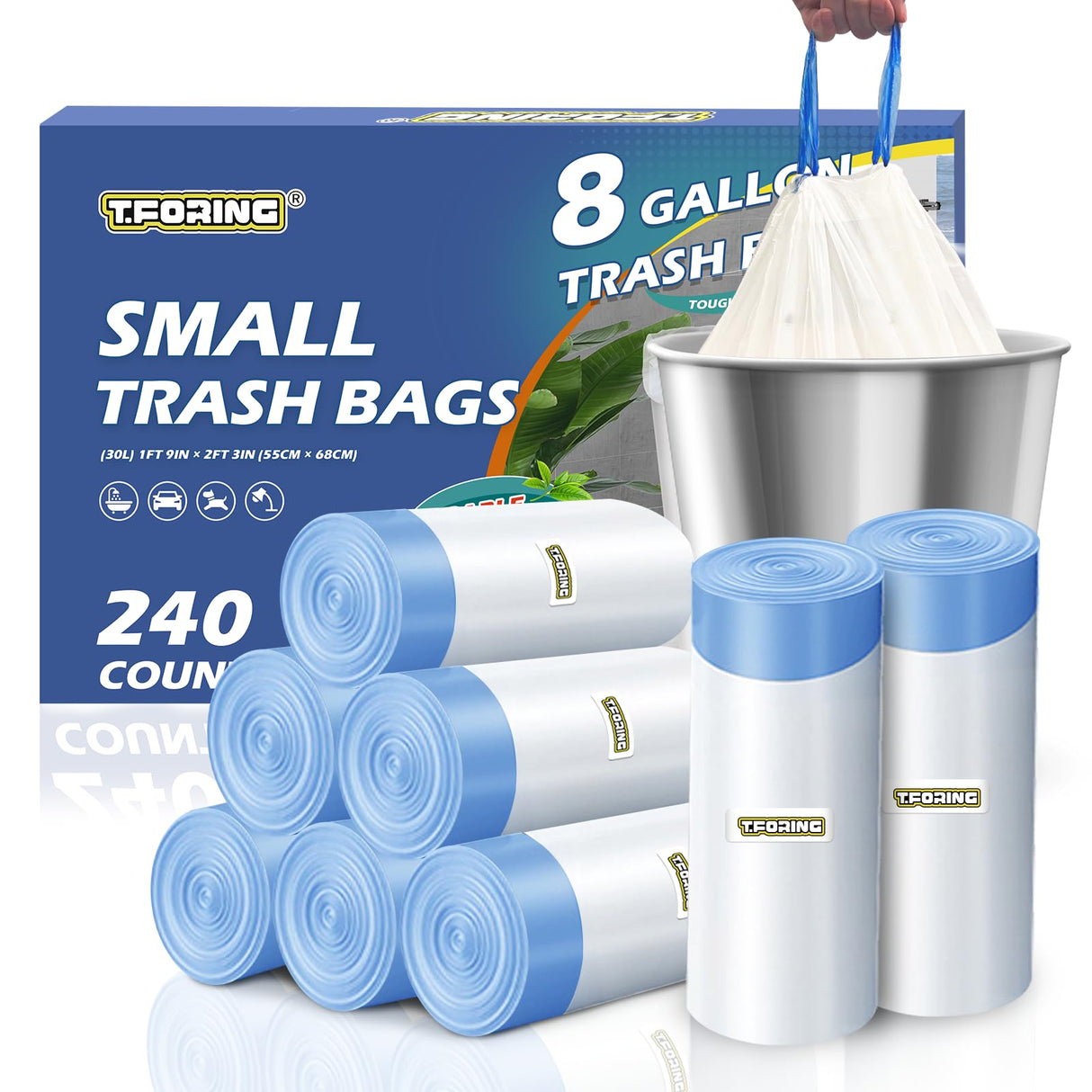 240 Count 8 Gallon Trash Bags Drawstring - 1.2 Mil White Medium Garbage Bags Unscented, 30 Liter Thick Plastic Trash Can Liners for Home Kitchen Bathroom
