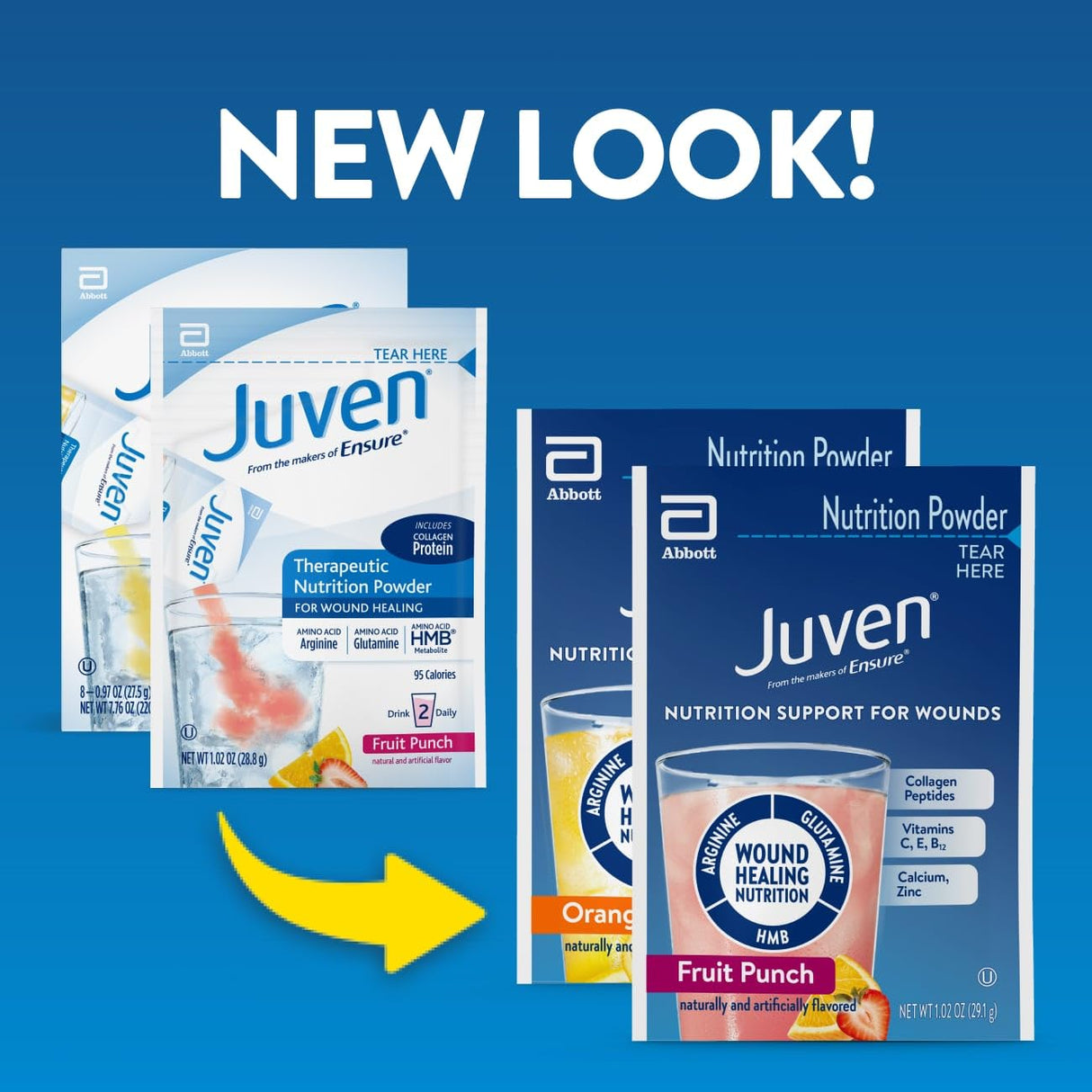 Juven Therapeutic Nutrition Drink Powder Including Collagen Peptides, Amino Acids, and HMB For Wound Healing Support, Variety Pack: Orange & Fruit Punch, 30 Packets