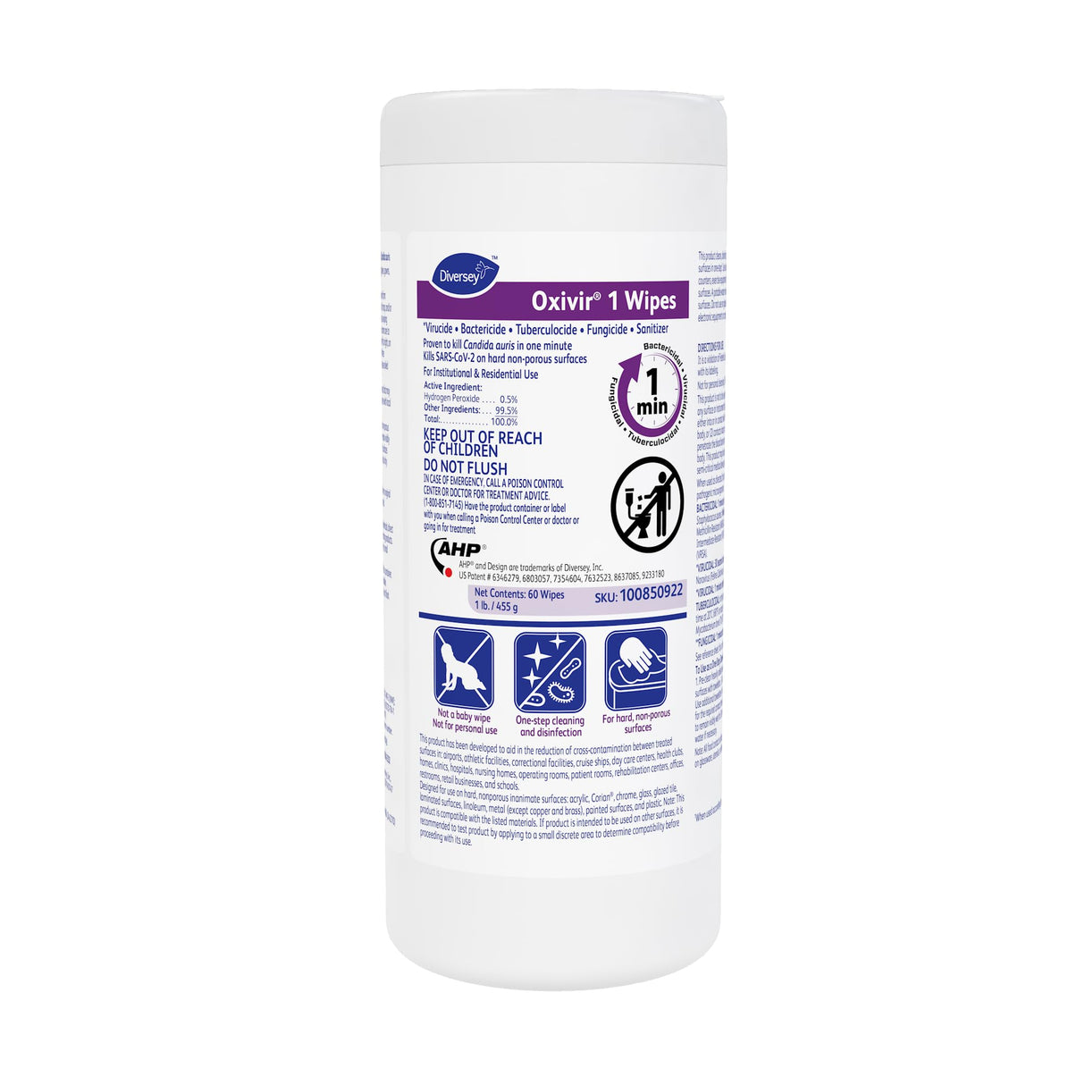 Oxivir Diversey 1 Disinfectant Wipes, AHP Hydrogen Peroxide Cleaner, Multi-Surface Cleaner for Home & Commercial Use, Medium Wipes, 60 Count Slim Canister