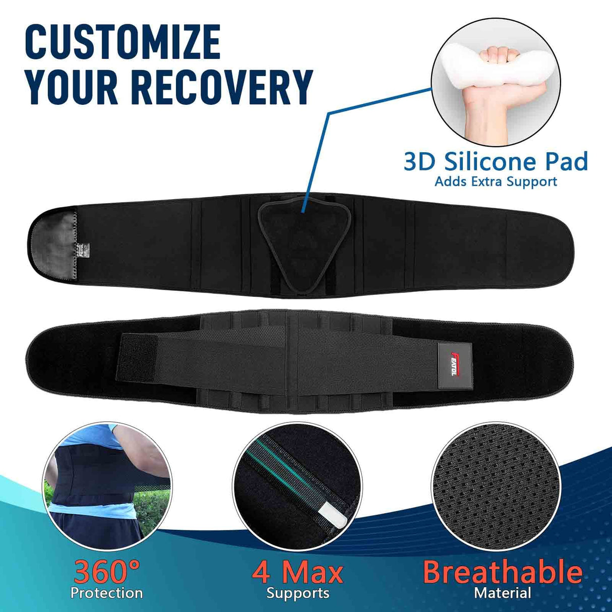 FEATOL Back Brace for Men Lower Back Pain Relief Lumbar Support Brace Waist Belt with Ergonomic 3D Silicone Pad for Heavy Lifting Work, Herniated Disc, Sciatica L/XL