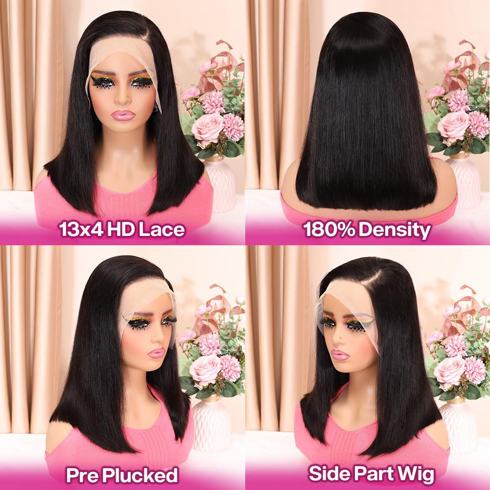 HUIWANYAN Bob Wig Human Hair 13x4 HD Lace Front Wig Glueless Wigs Human Hair Pre Plucked Short Bob Lace Front Wigs Human Hair For Black Women Nature Hairline 180% Density 14 Inch