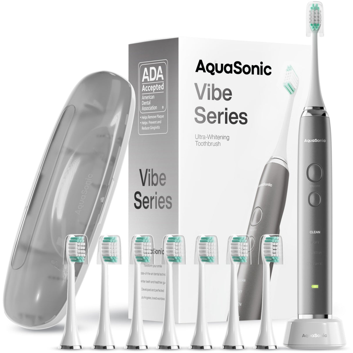 Aquasonic Vibe Series Ultra-Whitening Toothbrush – ADA Accepted Electric Toothbrush - 8 Brush Heads & Travel Case – 40,000 VPM Motor & Wireless Charging - 4 Modes w Smart Timer – Charcoal Metallic