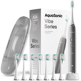 Aquasonic Vibe Series Ultra-Whitening Toothbrush – ADA Accepted Electric Toothbrush - 8 Brush Heads & Travel Case – 40,000 VPM Motor & Wireless Charging - 4 Modes w Smart Timer – Charcoal Metallic