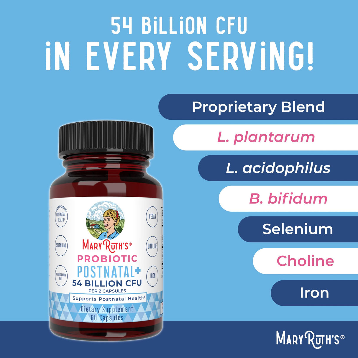 MaryRuth Organics Postnatal Probiotics for Breastfeeding Women | Nursing Probiotic Capsules with Vitamins | Minerals & Antioxidants | 54 Billion CFU | Non-GMO | Vegan | 30 Servings