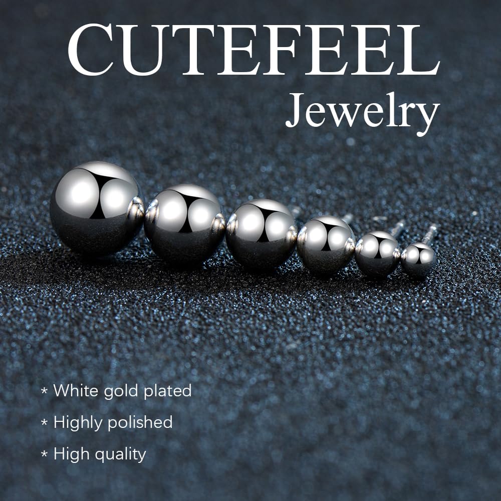 CUTEFEEL 18K White Gold Plated Sterling Silver Ball Stud Earrings(9mm)
