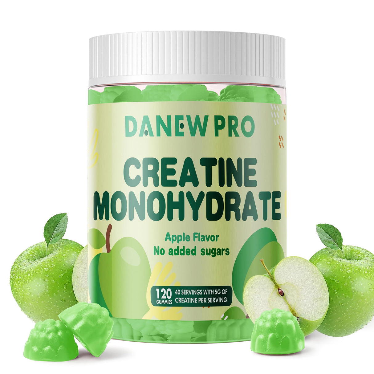 DANEW Pro Creatine Monohydrate Gummies 5000mg for Men & Women, Creatine Monohydrate for Muscle Strength, Muscle Builder, Energy Boost, Pre-Workout Supplement(120 Count)-Apple Flavor