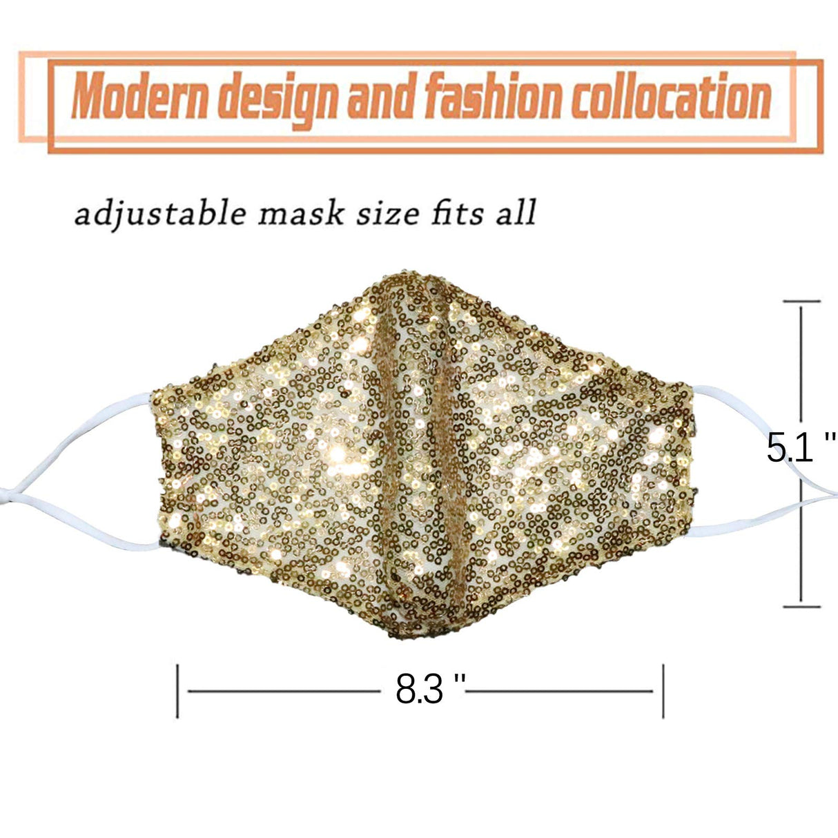 MLGDA Sparkly Sequins Mouth Masc Fashion Designer Glitter Cotton Face Cover With Adjustable Ear Loops Reusable Masquerade Party Nightclub Rave Festival Sequins Face Covering (Gold)