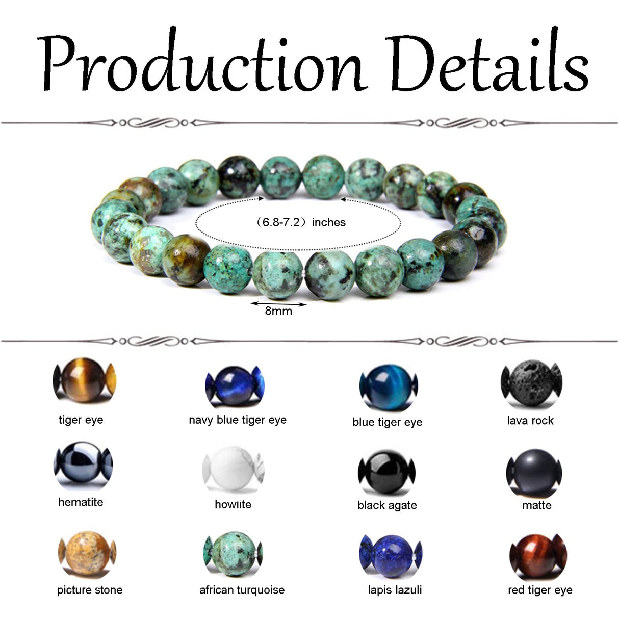 CASDAN 12PCS 8mm Semi-Precious Gemstones Beaded Bracelets for Men Women