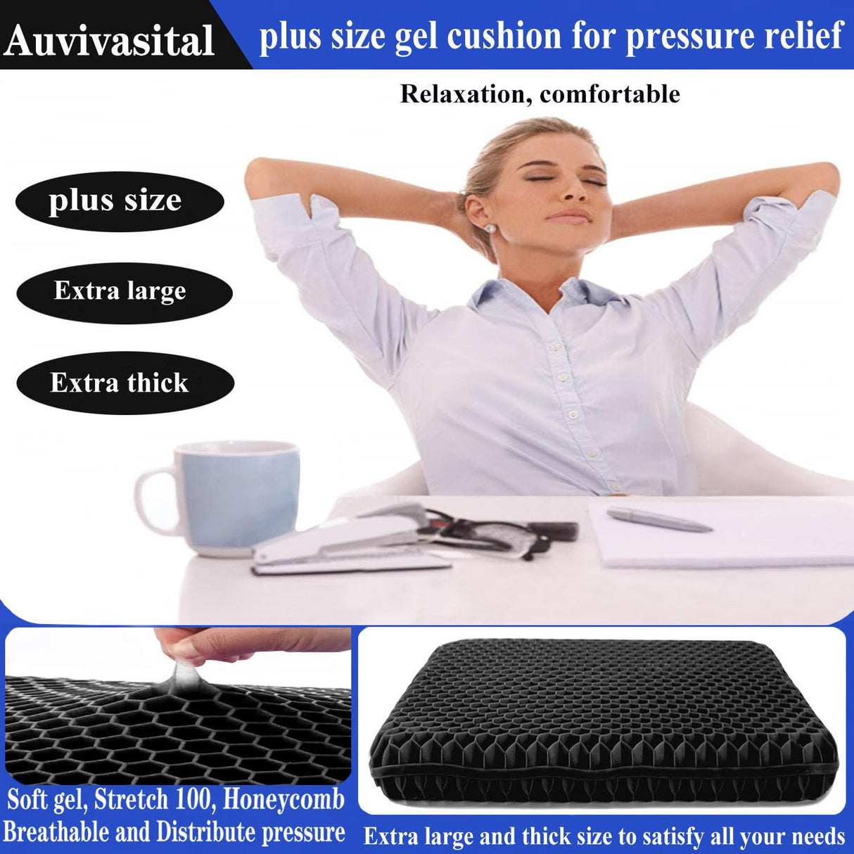 Plus Size Gel Seat Cushion for Long Sitting, Extra Large and Thick Pressure Relief Seat Cushion for Back, Hip, Sciatica, Tailbone Pain, Use for The Office, Car, Wheelchair, Stadium.(Black)