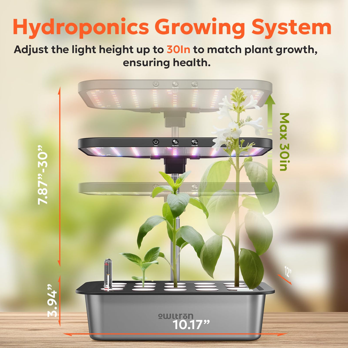 owltron Smart Hydroponics Growing System Kit,15 Pods Indoor Herb Garden with 36W LED Grow Light & APP Control, Planting Height Up to 30", Quiet Water Pump, Ideal Gift for All Ages Dark Silver