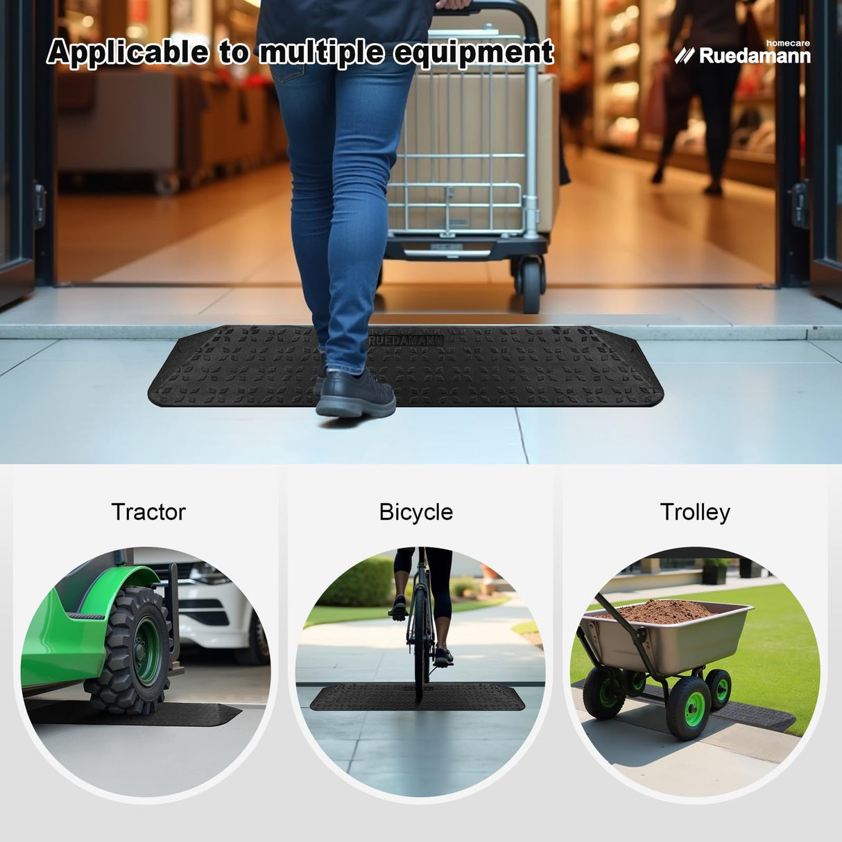 Ruedamann 1-1/2" Rise Rubber Threshold Ramp, 42.9" Wide Wheelchair Ramp, 2200 Lbs Capacity, Entry Ramp, Curb Ramps with Non-Slip Surface, Door Ramps for Wheelchairs, Scooter, Power Chairs, Driveways